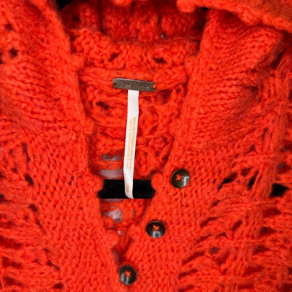 Free‎ People Orange Open Knit Hooded Sweater Wool Blend Henley Button Size Small